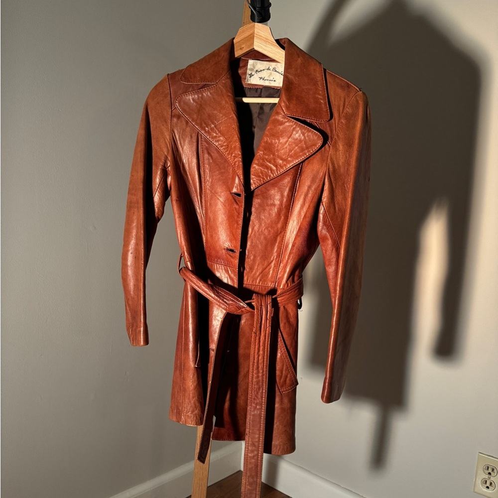 Vintage Brown leather trench with waist tie